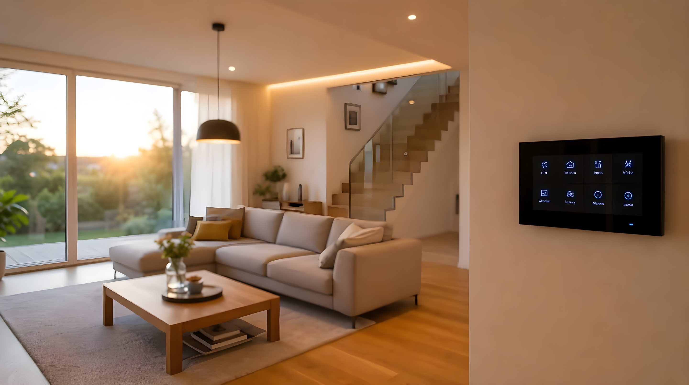 Wohnzimmer mit indirekter LED-Beleuchtung und KNX-Bedienpanel an der Wand
