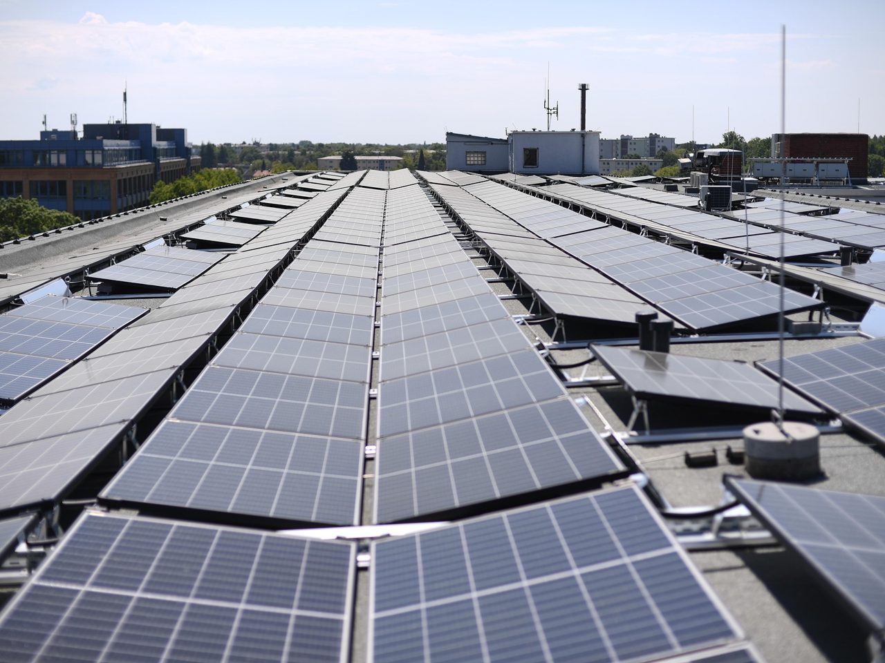 Photovoltaik-Module in Reihen auf einem Flachdach in der Sonne