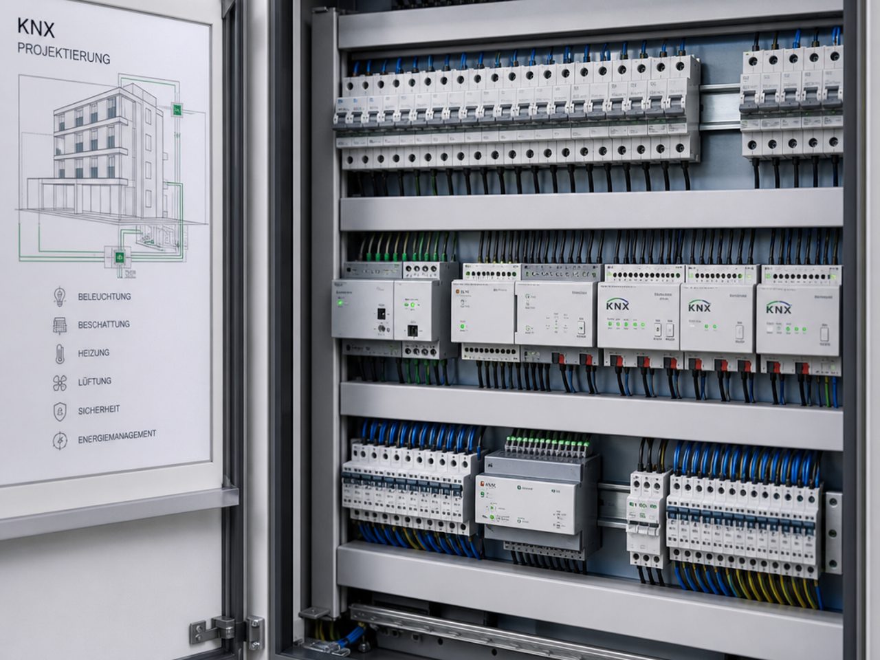 KNX-Schaltschrank mit sauber verdrahteten Reihen und Projektierungsplan