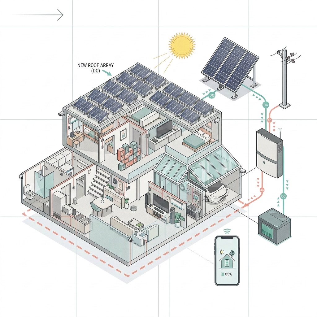 Schema einer PV-Anlage: vom Modul über Wechselrichter und Speicher bis zur Wallbox