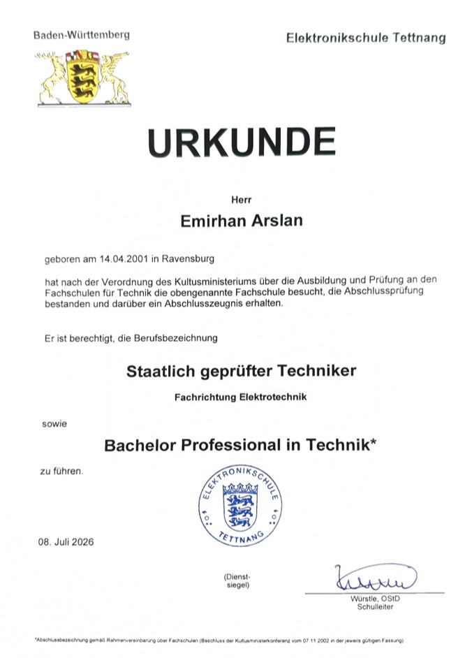 Urkunde Elektronikschule Tettnang: Emirhan Arslan, staatlich geprüfter Techniker Elektrotechnik
